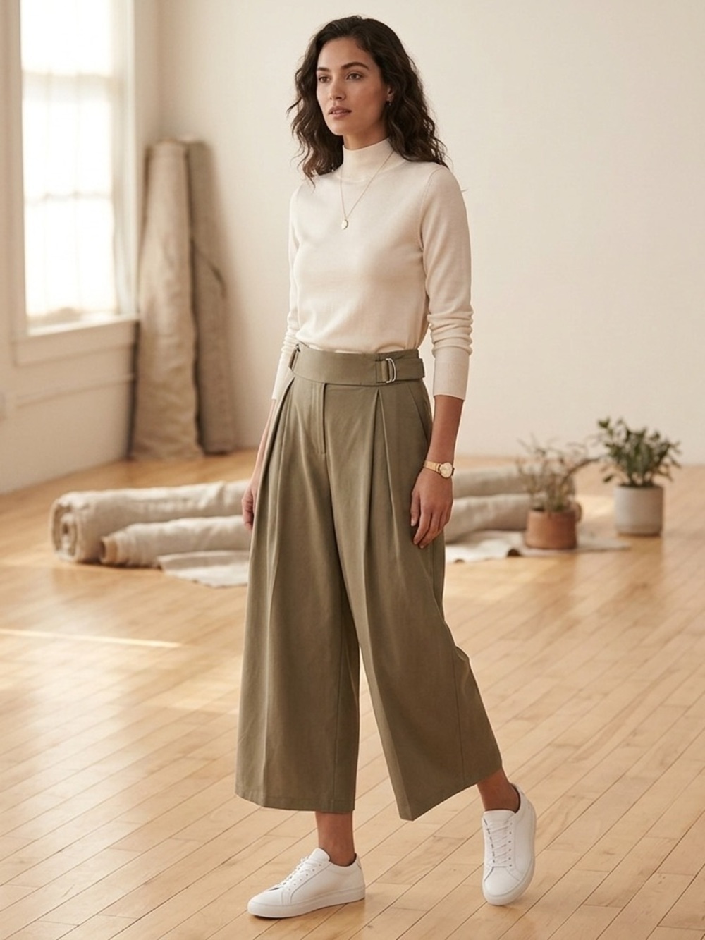 Tom Tailor Tan Brown Wide Leg Crop Pants Small Cotton Office Business Casual